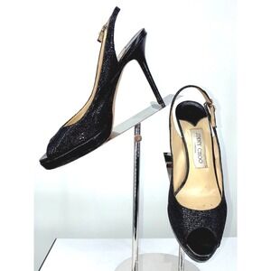 Jimmy Choo Nova Black Glitter Slingback Peep Toe Platform Heels EU 37 Party